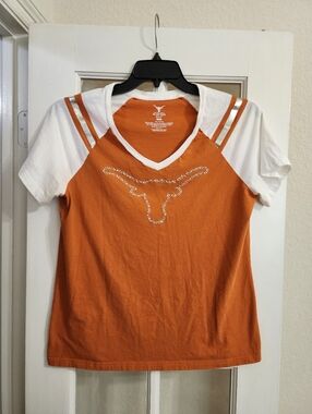 Texas Longhorns Rhinestone Women's V Neck Tee XL Orange UT Game Day Bling